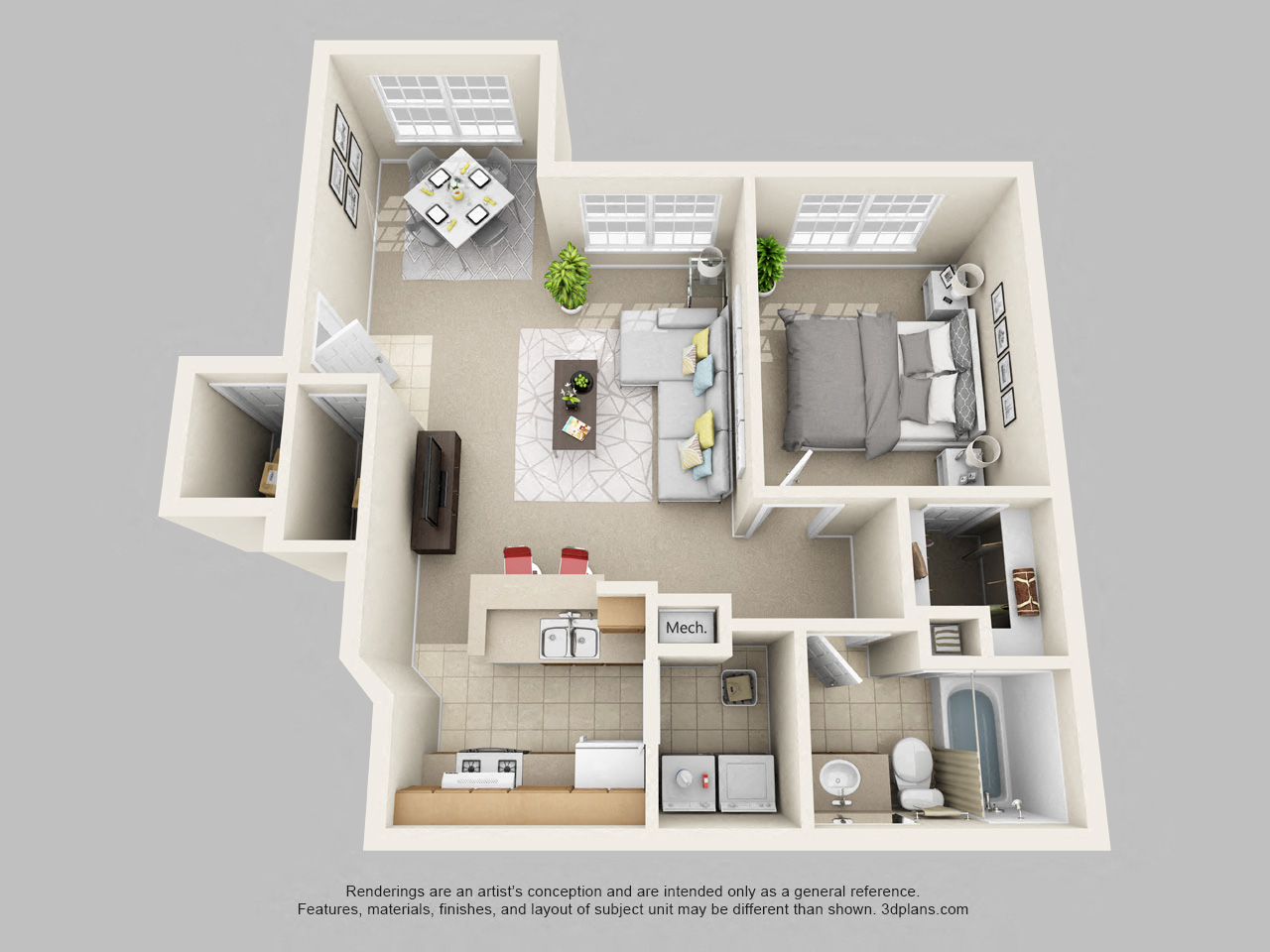 Floor plan for 1 bed, 1 bath, 778 sqft